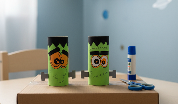 lavoretto per halloween con rotoli carta igienica. creazione di frankenstein